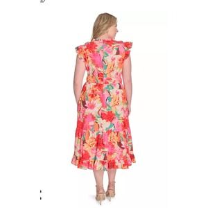 Vince Camuto Womens Floral Ruffle V-Neck Tiered Midi Dress Pink Orange Size 16